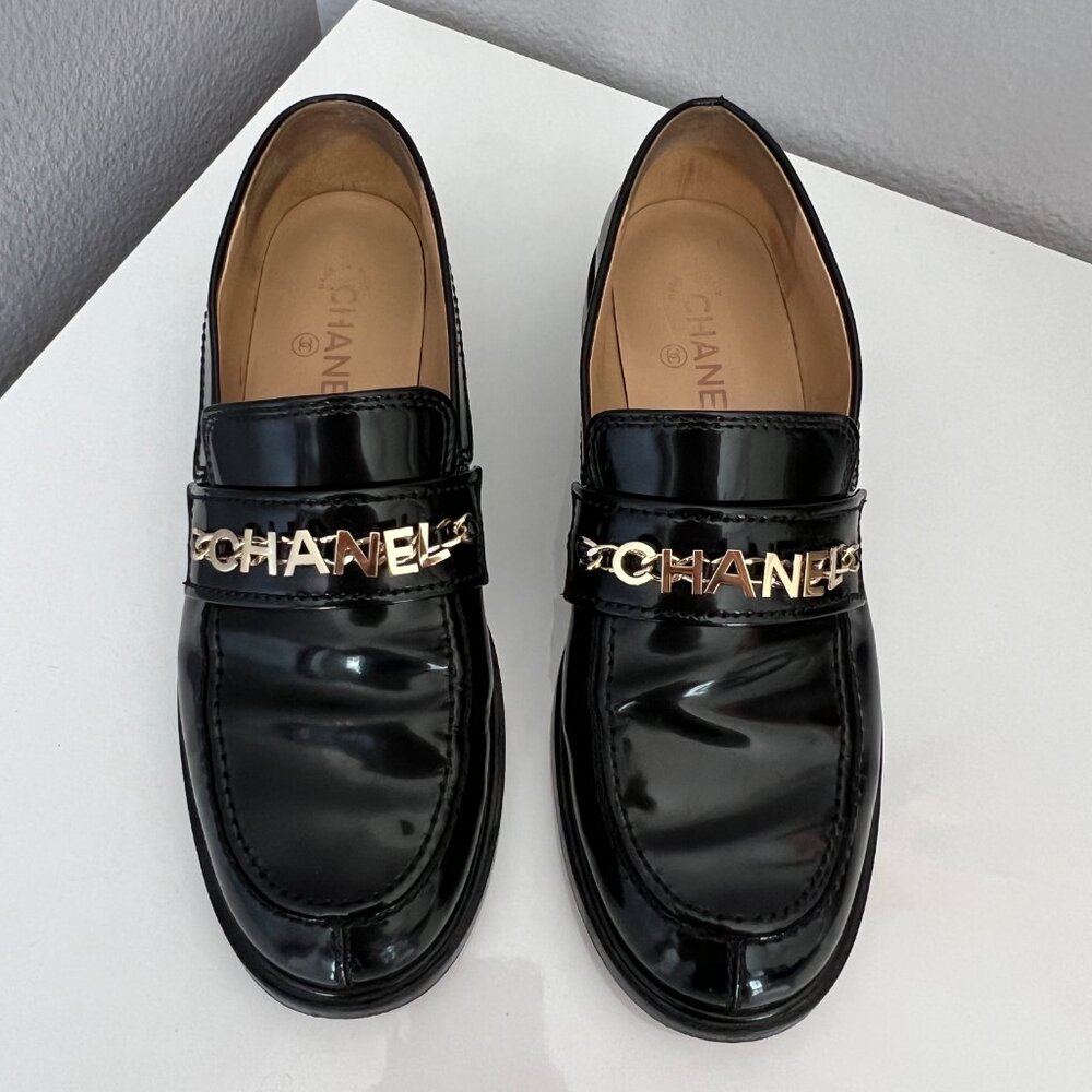 Chanel Shiny Calfskin Logo Loafers 40.5 - Picture 3 of 9